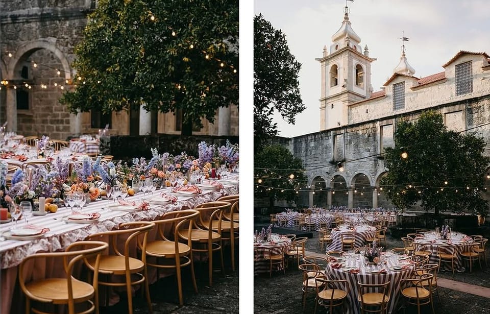 Díptico: à esquerda, mesa comprida com flores em lilás, azul e laranja e cadeiras de madeira curvada; à direita, mesas redondas com toalhas às riscas num claustro de pedra iluminado por cordões de lâmpadas.
